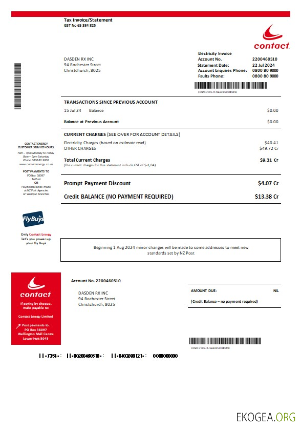 Nouvelle Zélande Contact Preuve énergétique de la facture de services publics de l'entreprise aux formats Word et PDF